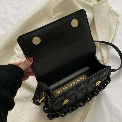 Chic black shoulder bag with gold-tone hardware and detachable chain strap - diamond pattern crossbody purse for women.