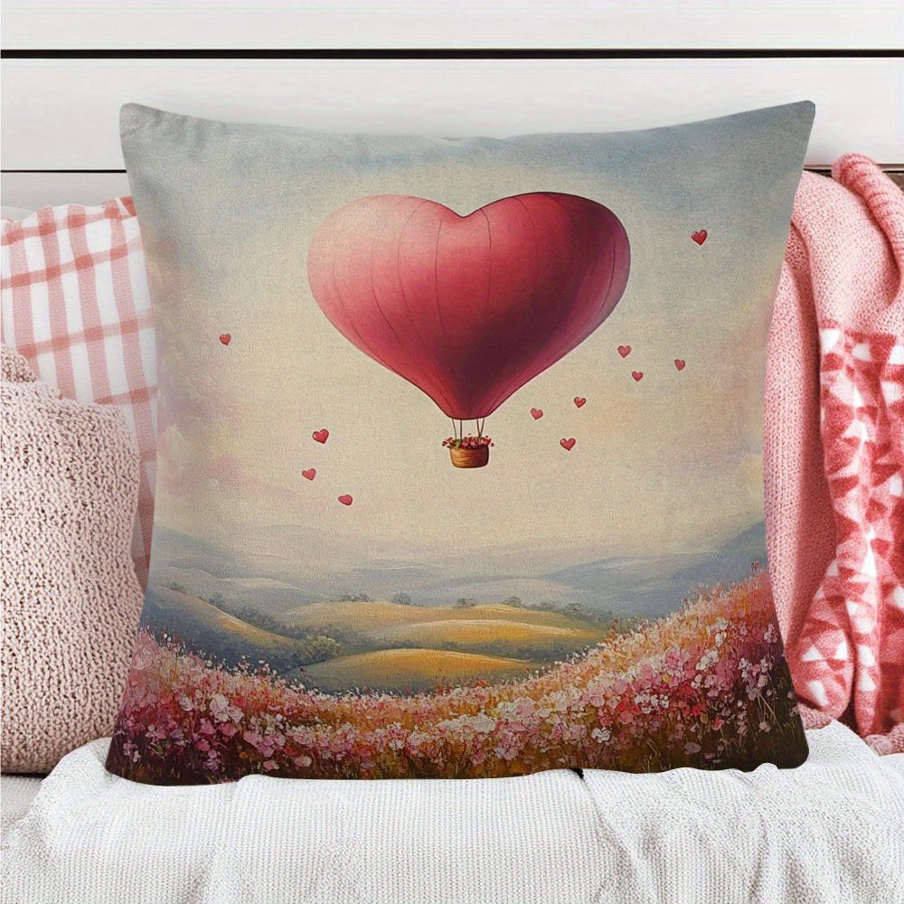 Vintage heart-shaped balloon design square cushion cover, measuring 45.72x45.72cm. Made of durable polyester fabric, this cushion cover is machine washable with a convenient zipper closure. Provides all-season comfort, perfect for back sleepers. Ideal