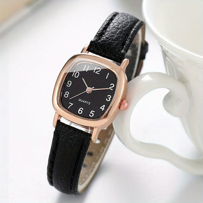 Women's fashion watch set with square dial, PU leather band, alloy case, and heart charm bracelet.