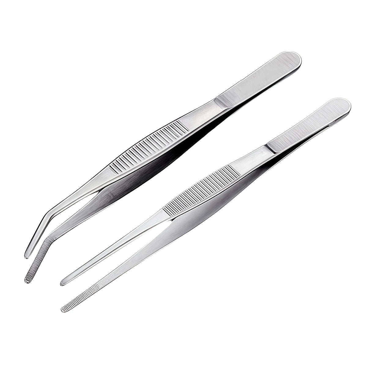 Set of 2 stainless steel tweezers for various uses, no electricity required.