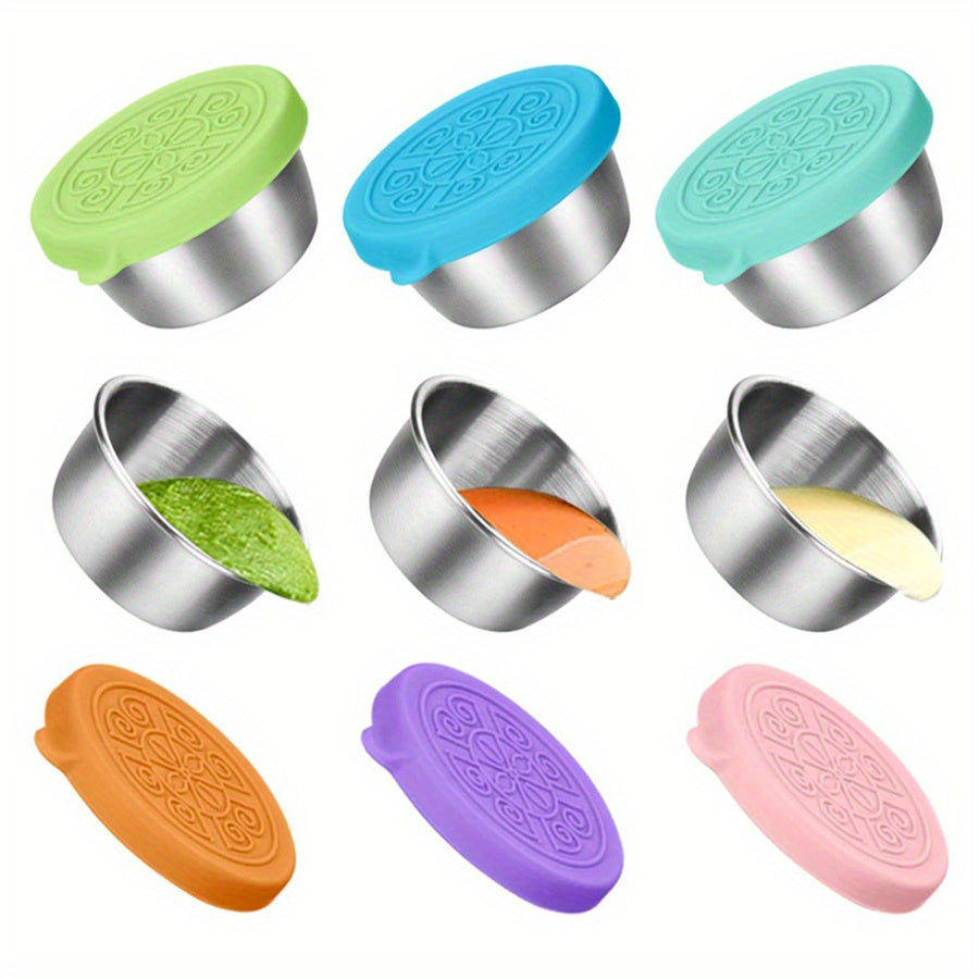 1pc/6pcs of 1.6oz reusable sauce cups with leakproof silicone lids, perfect for salad dressing on-the-go. Ideal for school, bento lunch boxes, restaurants, picnics, and travel. Stainless steel condiment cups.