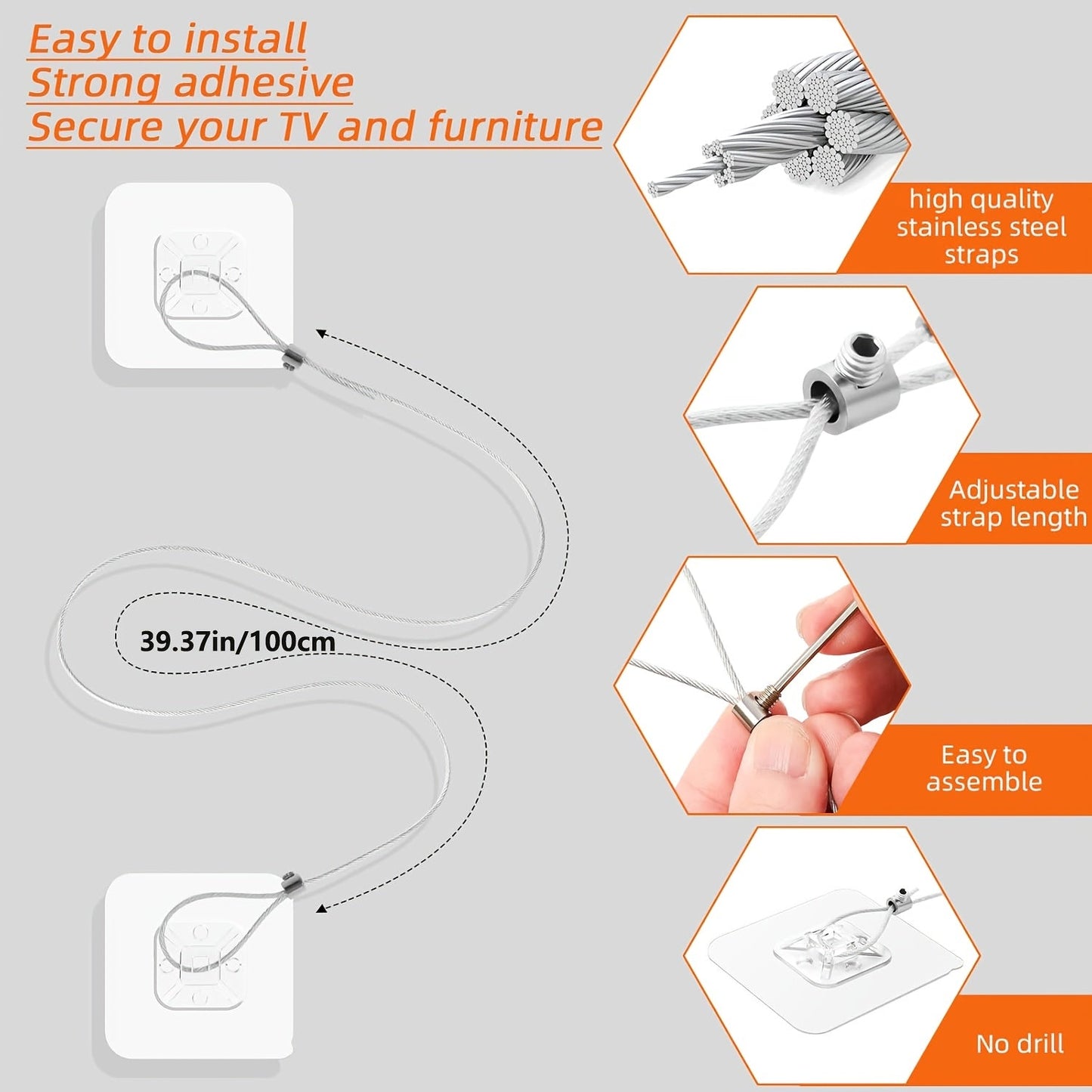 Secure your flat screen TV with the Adjustable 40-inch TV Fixing Strap. This drilling-free adhesive anti-tip furniture wall anchor prevents furniture from falling and ensures the safety of your TV. Use this adhesive cabinet anti-fall wall strap for added