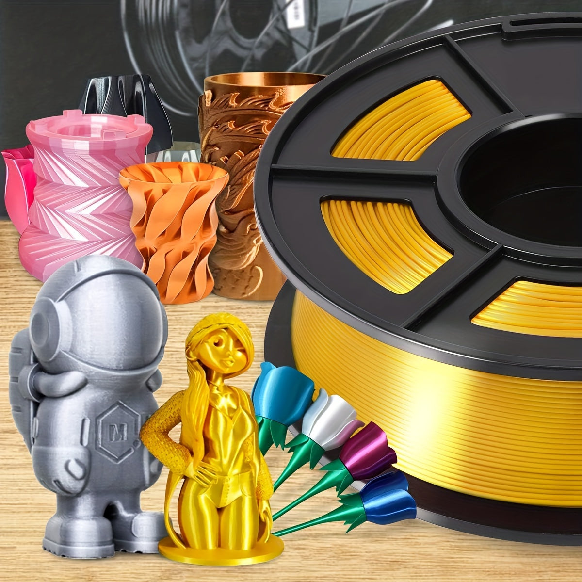 1kg of SUNLU Shiny PLA 3D Printer Filament, 1.75mm, with Smooth Surface and Dimensional Accuracy +/- 0.02mm in Light Golden Color.