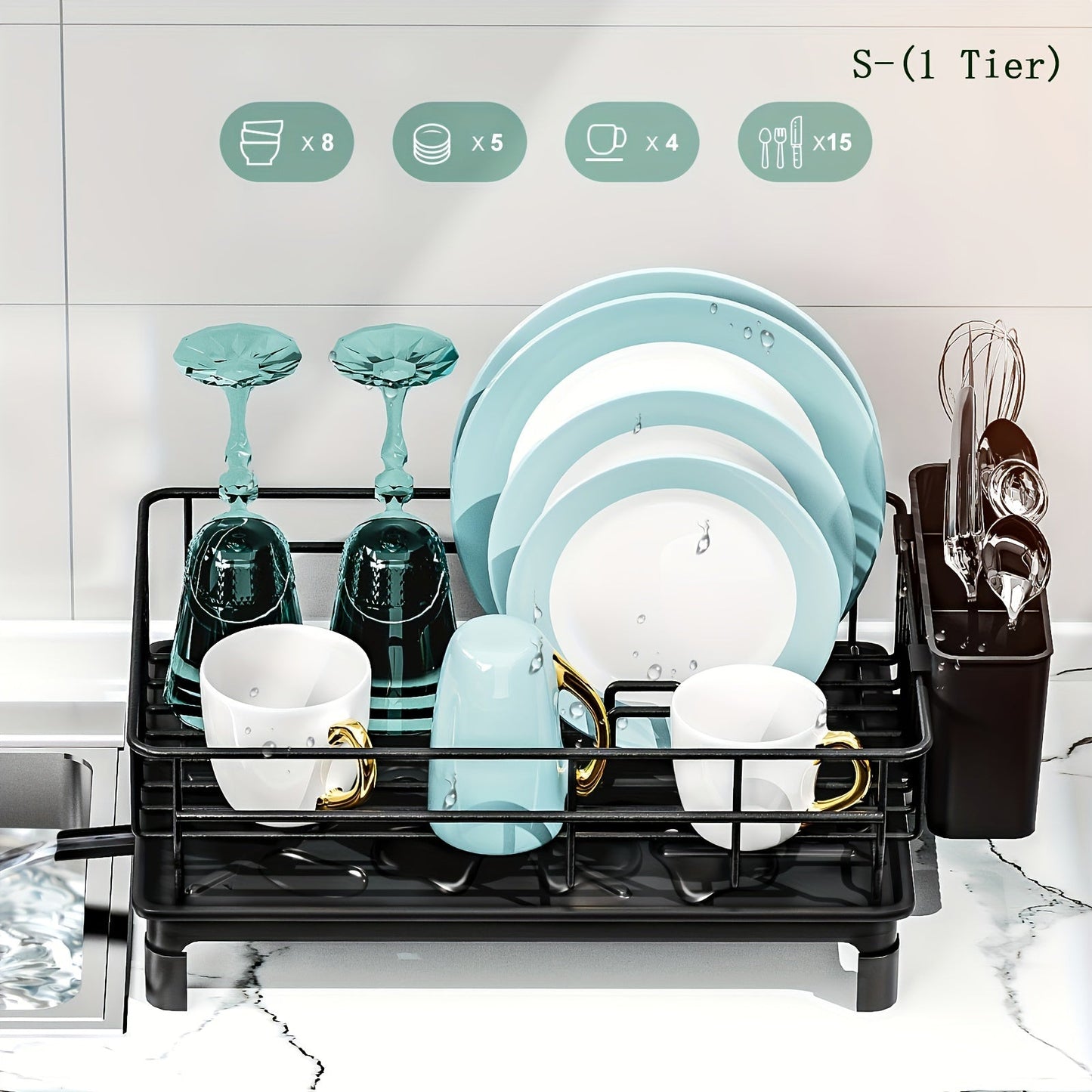 Large black dish drying rack with drainboard, adjustable spout, utensil holder, and knife slots. Perfect for organizing your kitchen counter, made of durable metal and plastic. Ideal dish drying rack for your kitchen counter.