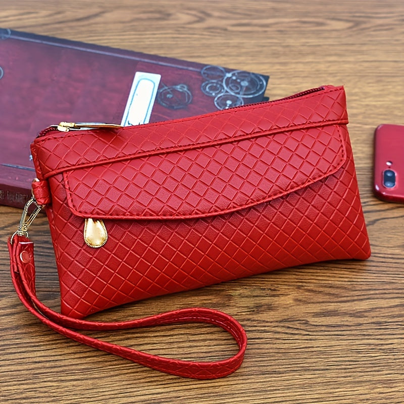 Women's Argyle Quilted Clutch with Multiple Zippers, Wristlet Bag for Phone and Coin