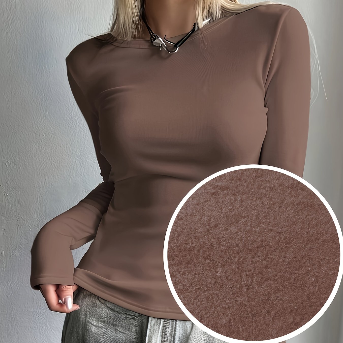 Basic Women's Crew Neck Top - Long Sleeve Solid Color Shirt for Fall/Winter - 95% Polyester, 5% Elastane Stretch Fabric