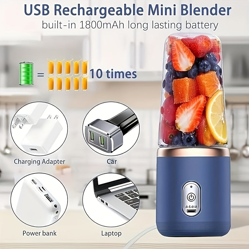 This portable blender is a personal smoothie maker with a travel lid, 2 cups each holding 13.53 ounces. It is a USB rechargeable mini fruit blender with 6 blades, making it suitable for use in the kitchen, at home, and while traveling.