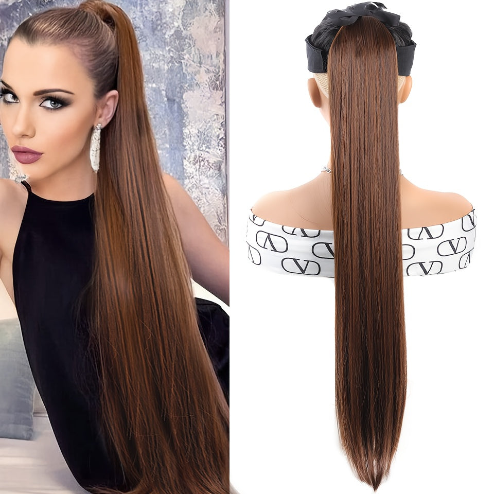 81.28 cm Black Synthetic Straight Ponytail Hair Extension, Drawstring Style for Women