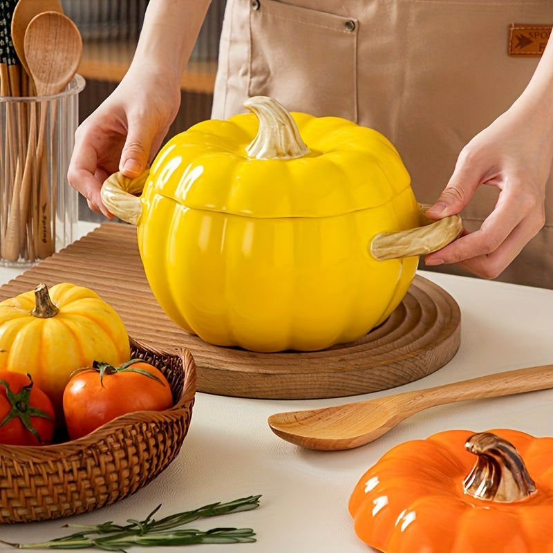 Get into the festive spirit with this spacious ceramic soup pot designed in the shape of a large pumpkin. Complete with a lid and dual-handles, this pot is dishwasher safe and perfect for cooking up your favorite stews and salads. It makes an ideal gift