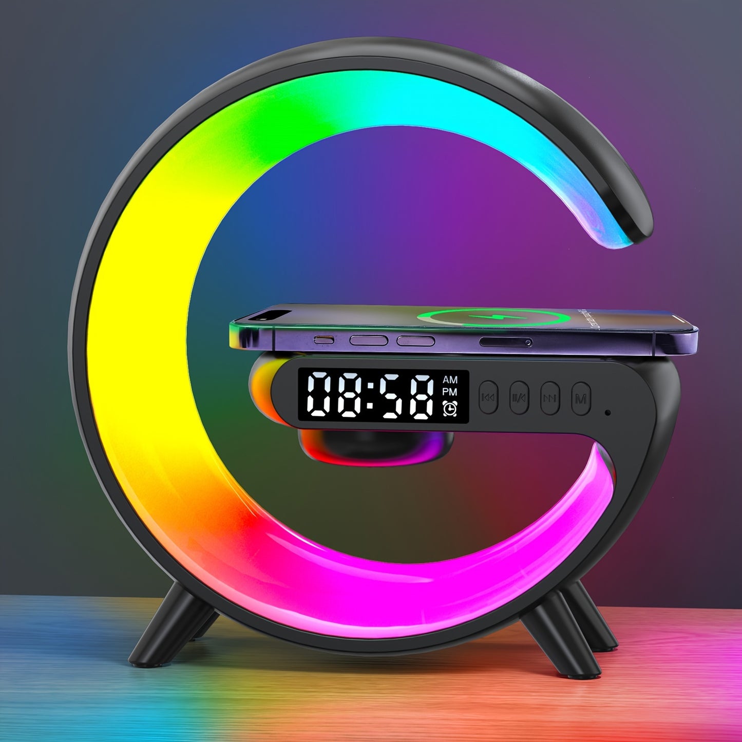 Introducing JELLOO 15w Wireless Speakers with Wireless Fast Charging, Dynamic RGB Light, Smart Bar Light, Sunrise Alarm Clock, and Dimmable Table Lamp featuring 10 light effects.