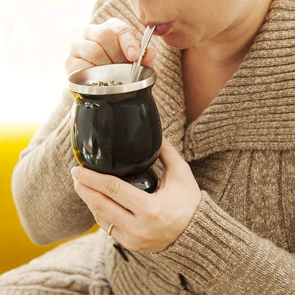 Set includes 8oz Yerba Mate cup, bombilla straw, and brush. Stainless steel vacuum tea cup with heat insulation. Perfect for gifting.