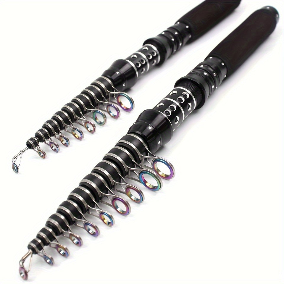 Ultra-short, ultra-hard carbon fishing rods measuring 2.1m-3.0m, with portable telescopic design and larger guide rings and handles. Ideal for carp and bass fishing, convenient for seaside