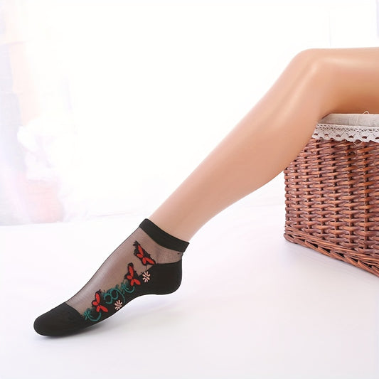 5 pairs of floral embroidered mesh short socks for women, breathable and lightweight.