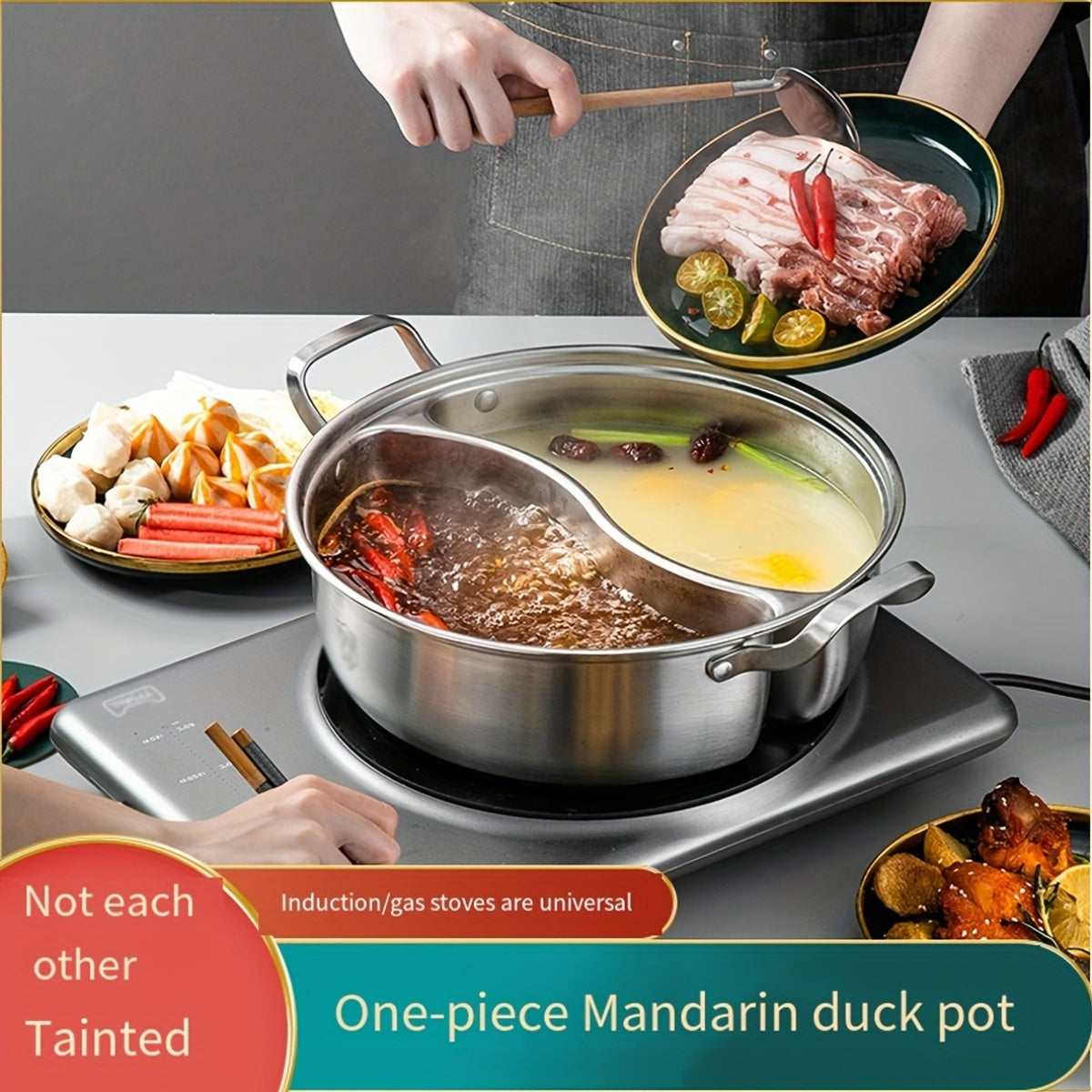 Mandarin Hot Pot with Two Flavors, Made from SUS 316 Antibacterial Stainless Steel, Features Thickened Seamless Construction, Unique Non-Tainting Soup Separation System, Suitable for Gas and Induction Stovetops.