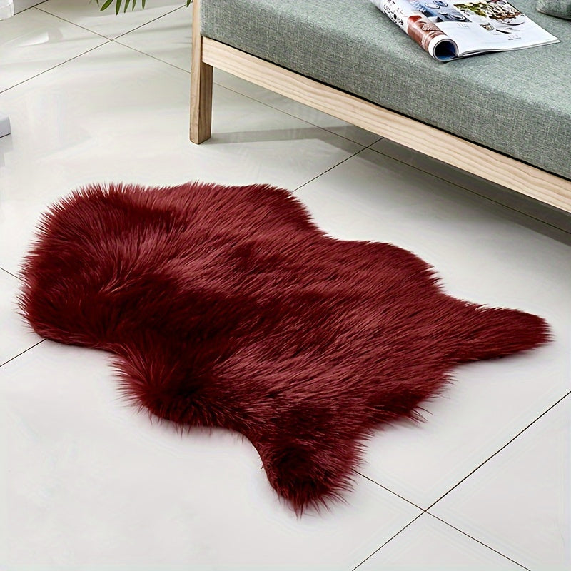 Elegant High Pile Faux Fur Area Rug made of 80% Acrylic and 20% Polyester. This rug is machine washable, stain resistant, and features a knit weave with suede backing. It comes in a solid color and an irregular shape, perfect for adding a touch of luxury