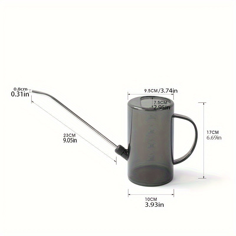 Stainless steel long spout watering can for household and garden use.