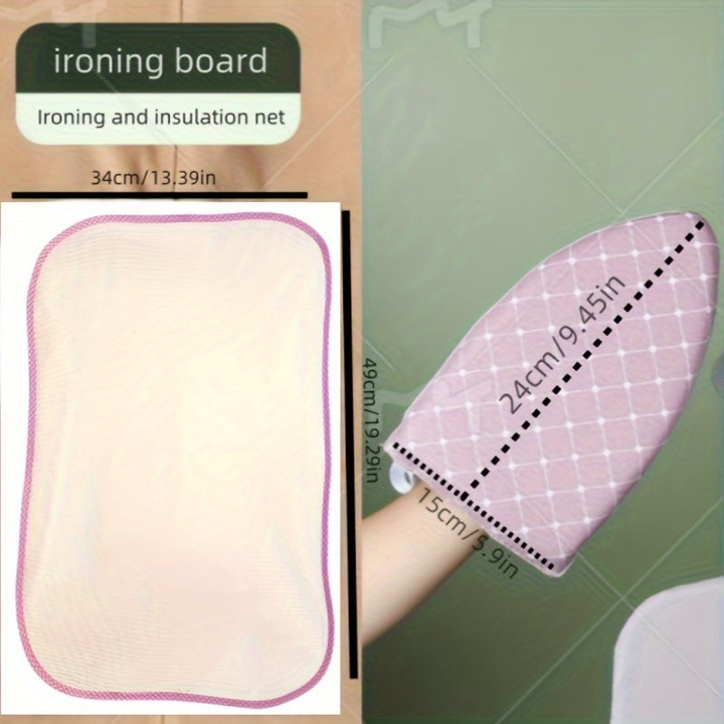 Set includes a plaid mini ironing board, ironing insulation net, and portable plastic handheld sleeve board for precise detail ironing on collar cuffs and sleeves.