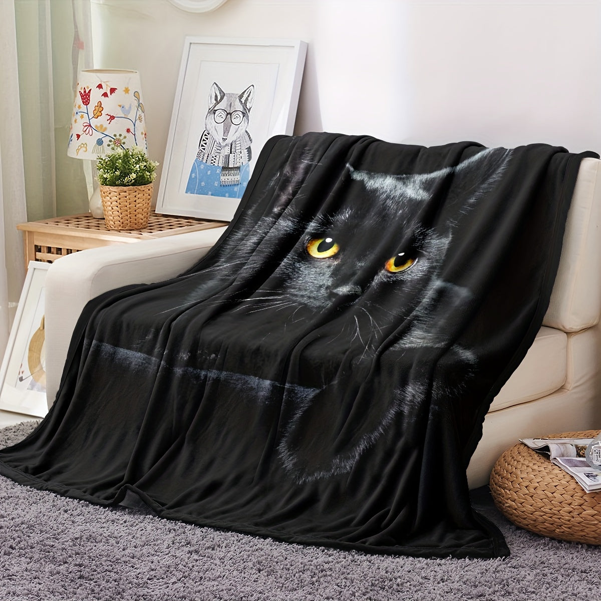 Soft, ultra-black cat print flannel throw blanket - great for couch, bed, car, office, or camping - a versatile and practical gift for all seasons.