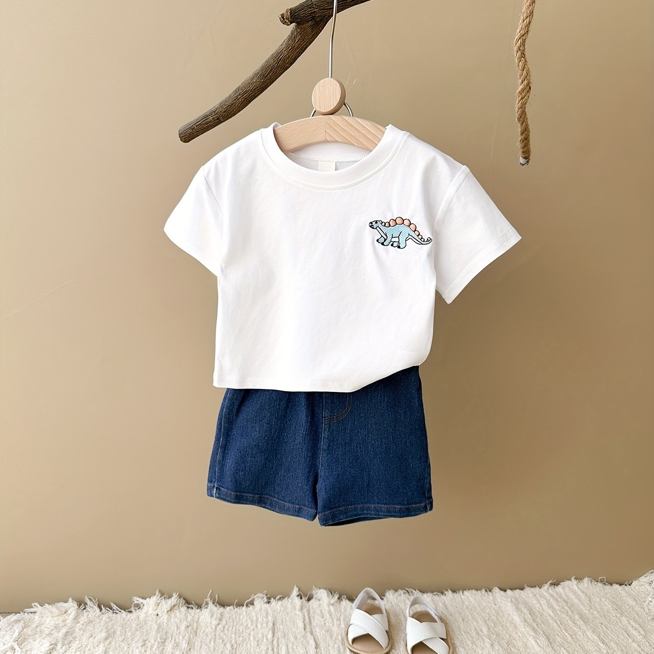 Newborn Children's Cute Cartoon Dinosaur Embroidery T-shirt and Shorts Set, Perfect for Summer Outdoor Wear