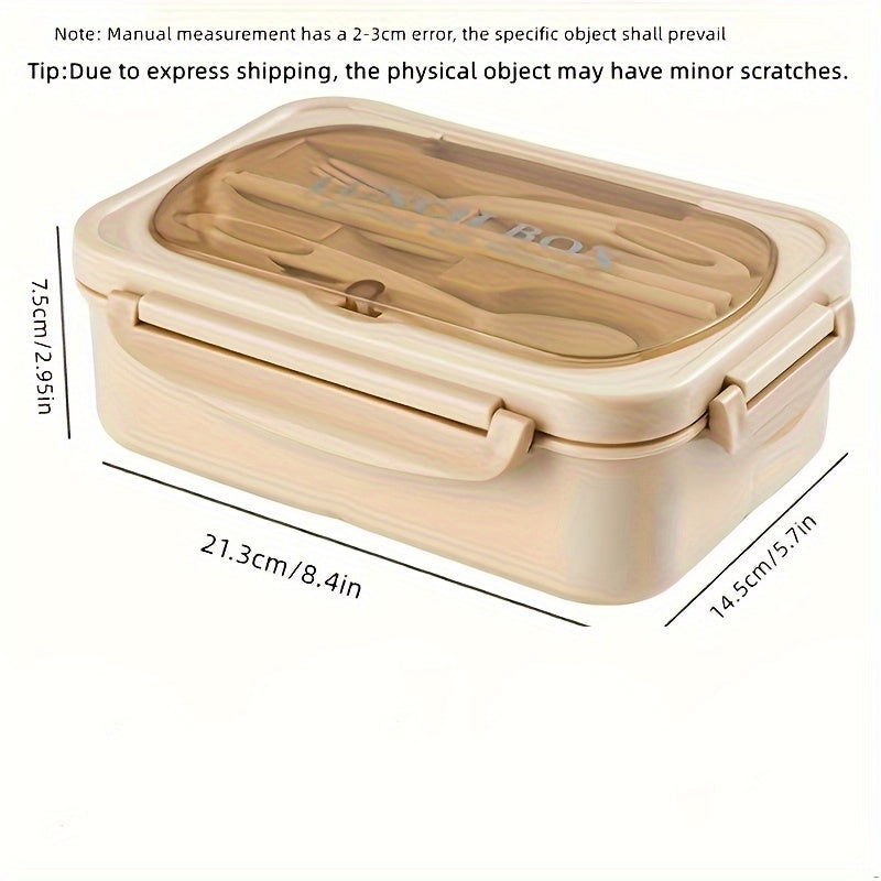 Beige Bento Lunch Box for Adults & Students - Leakproof, BPA-Free with 3 Compartments, Includes Wooden Utensils & Spill-Proof Lid - Microwave Safe, Perfect for Healthy Meal Prep & Portion Control - 1000ml Capacity