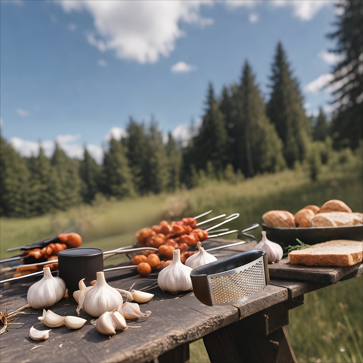 Stainless steel garlic press for easy crushing, ideal for outdoor recreation, travel, camping, and small living spaces.