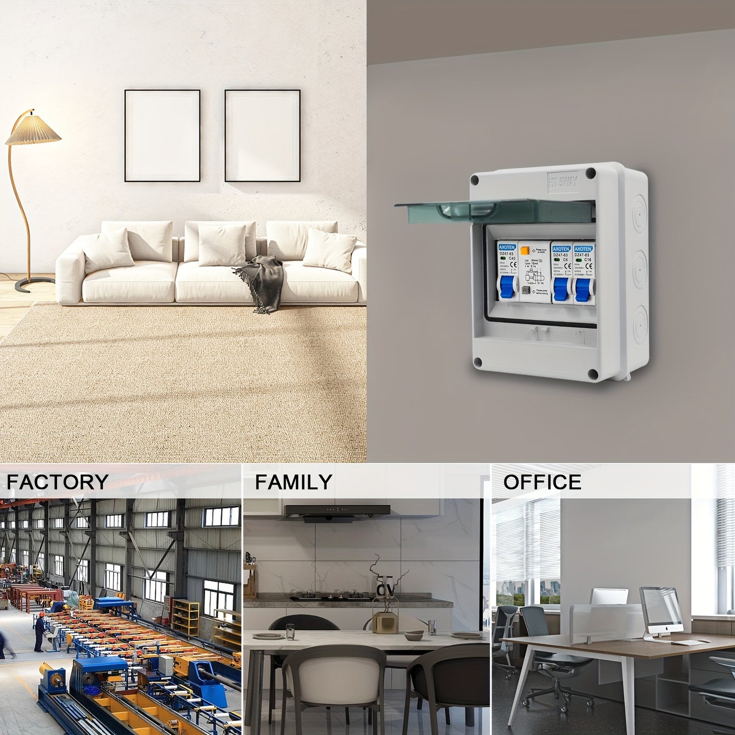 Surface-mounted 5/8/12-circuit micro circuit breaker combination switch box for home/office/shopping center power distribution.