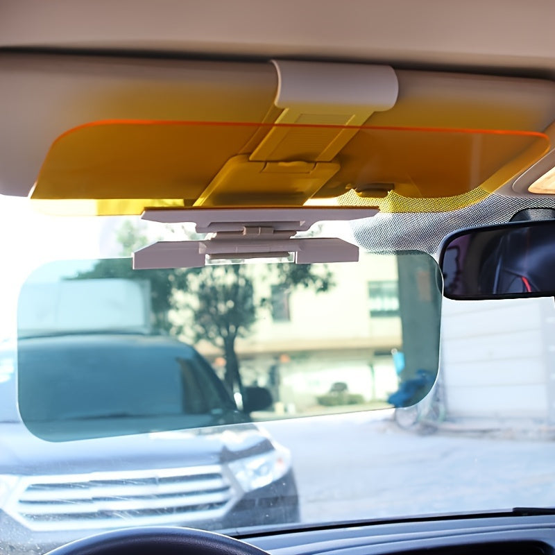 Adjustable dual-purpose car sun visor made of ABS material with anti-glare and high beam protection, compatible with most car models.