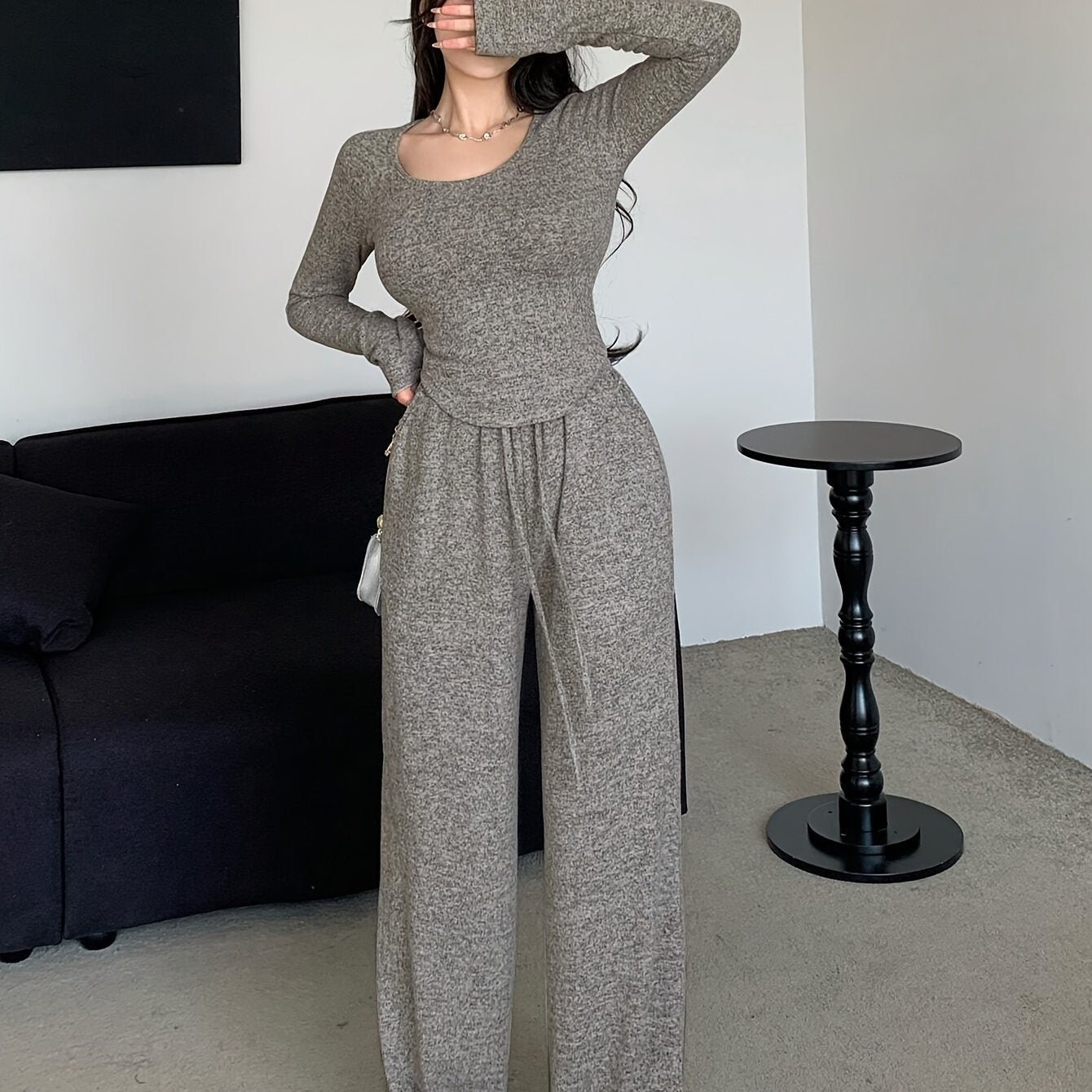 Women's Fall/Winter Polyester Crew Neck Top with Loose-Fit Pants and Pockets in Solid Color Knit Fabric Home Set.