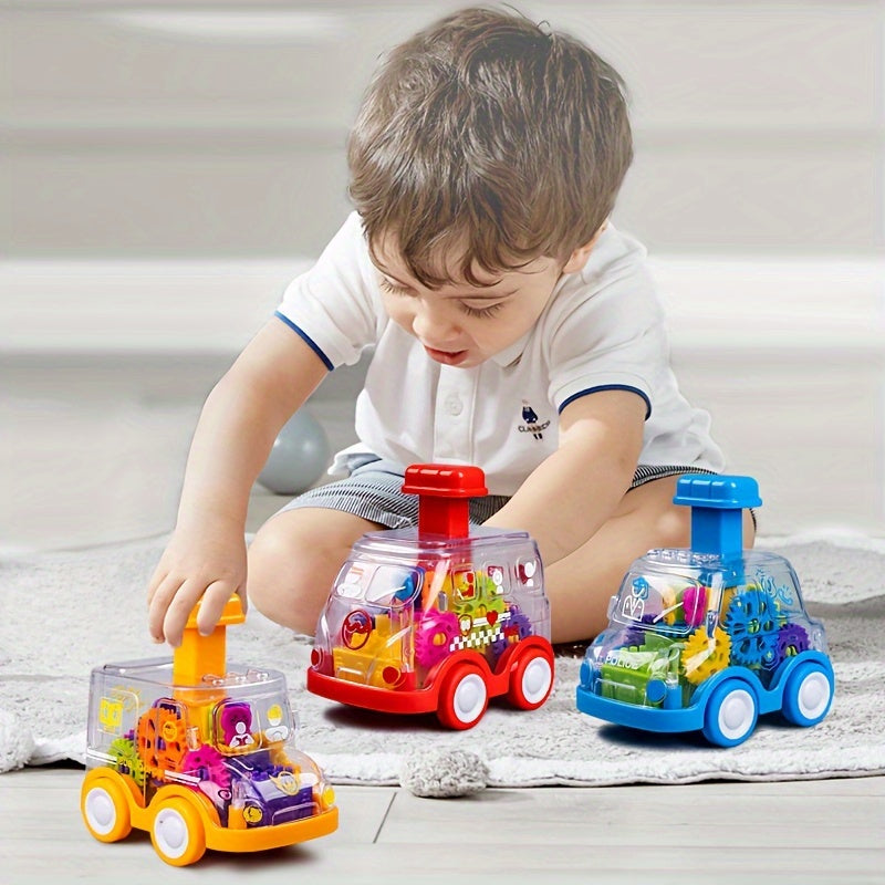 Get ready for endless fun with the Set of Interactive Gear Press Push Toy Vehicles! These transparent gear inertia cartoon friction cars are durable, non-electric, and come in random gear colors. Made from high-quality red and blue plastic, they make the