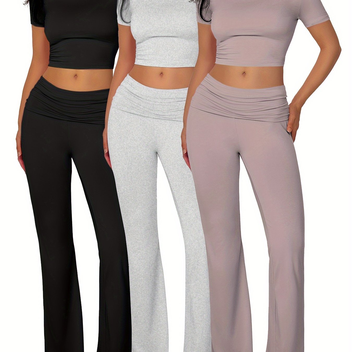 3-piece women's sporty lounge set with crop top and flared pants, slim and comfortable fit