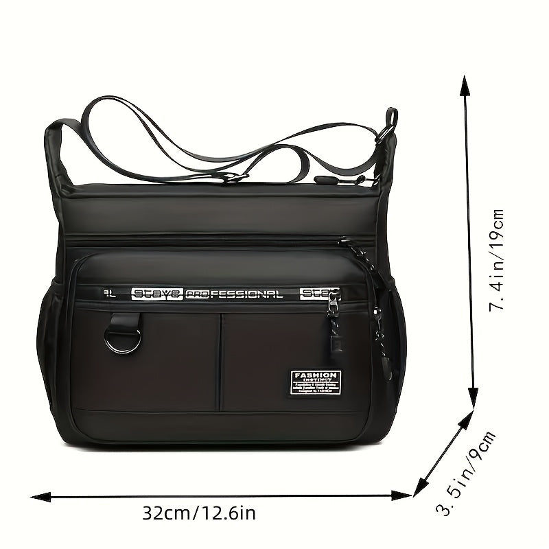 Large capacity men's chest bag made of nylon with side pocket, multiple compartments, adjustable strap, in black color, suitable for travel and outdoor activities.