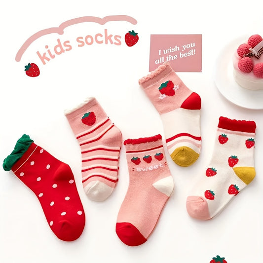 5 pairs of comfortable and breathable strawberry-style children's socks in versatile colors, made from high-grade knitted fabrics. Quality guaranteed and the perfect gift for kids.