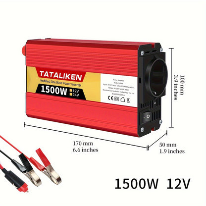 High-power 12V to 220V car inverter with 2500W-600W capacity, ideal for charging phones and tablets.