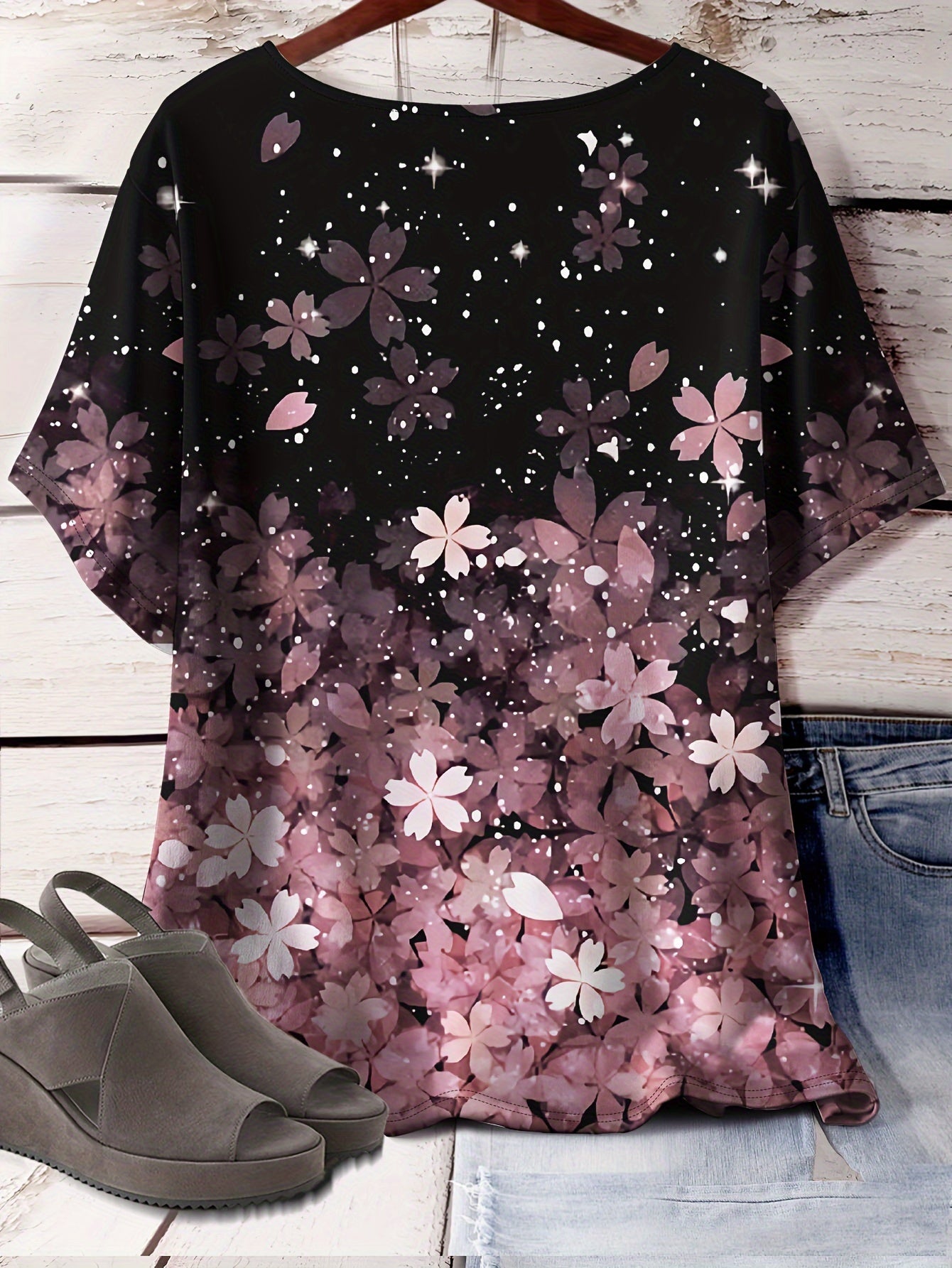 Floral Print Plus Size T-Shirt for Spring & Summer, Women's Casual Top