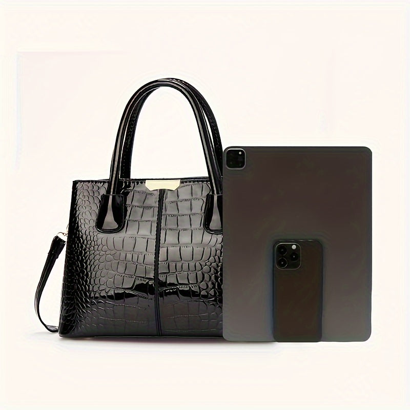 Elegant black crocodile pattern handbag with adjustable strap and zipper closure - perfect Mother's Day gift.