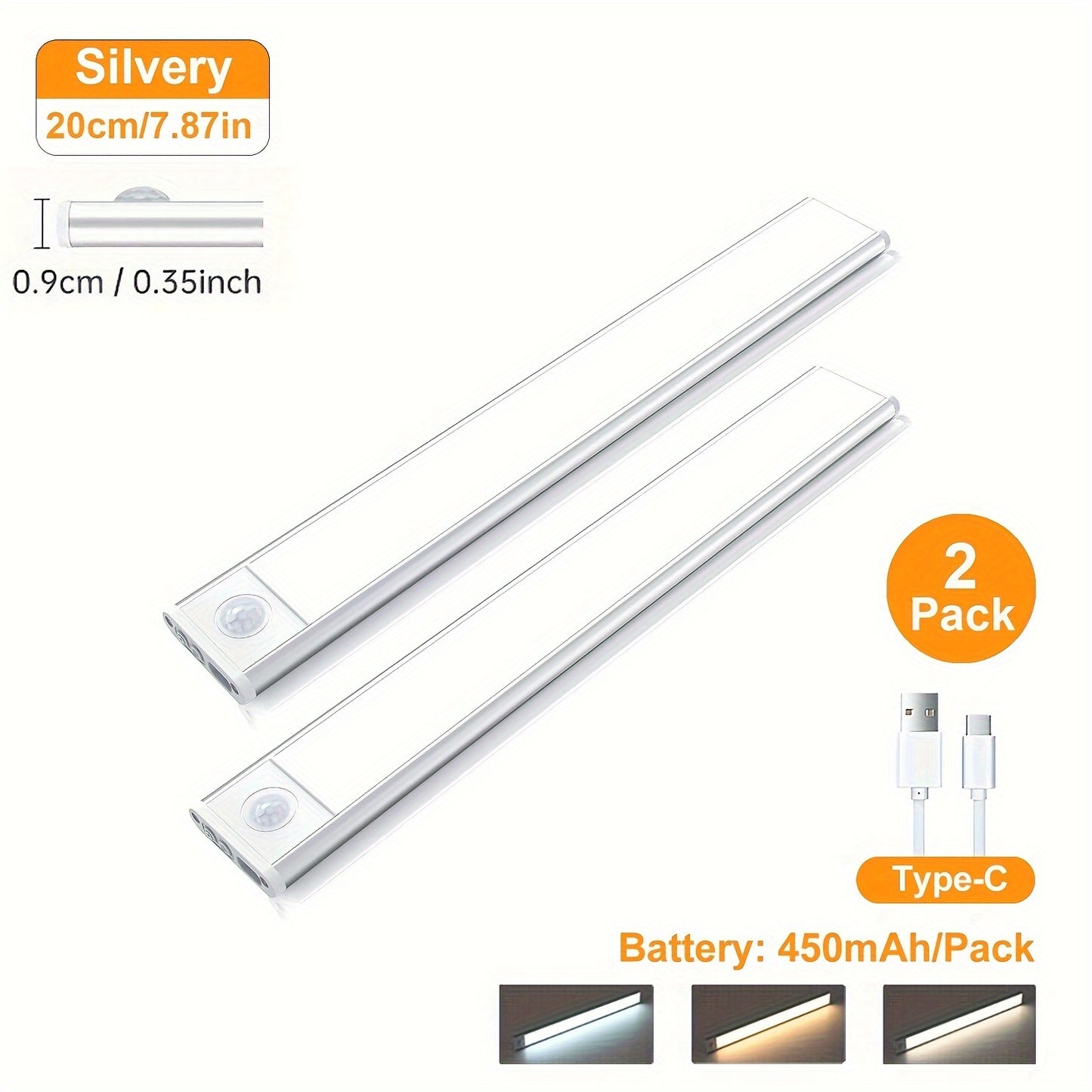 2 Rechargeable Under Cabinet Lights featuring Motion Sensor, 3 Color Temperatures, Magnetic Dimmable function, perfect for Closet & Kitchen Lighting. Can also be used as Wireless Counter Lights for Stairs & Pantry.