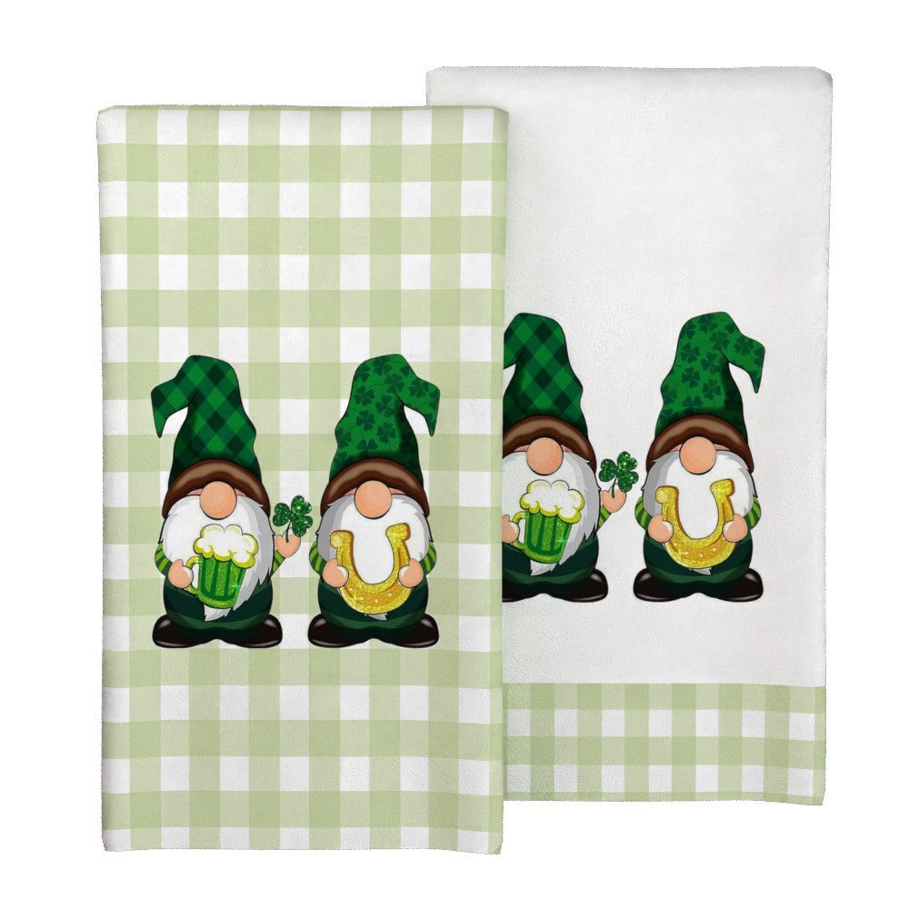 Two whimsical gnome St. Patrick's Day kitchen towels are included in this set. They measure 45.72x66.04cm and are made of soft, quick-dry, and highly absorbent polyester material. The decorative tea towels feature a green checkered background, perfect