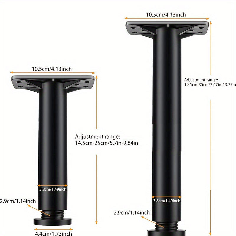 Две черные регулируемые опорные ножки для кровати, изготовленные из прочной стали, центральные планки, не содержащие деревянных материалов. Эти ножки не требуют электричества и подходят для использования с кроватями размера "кинг", диванами и столами.