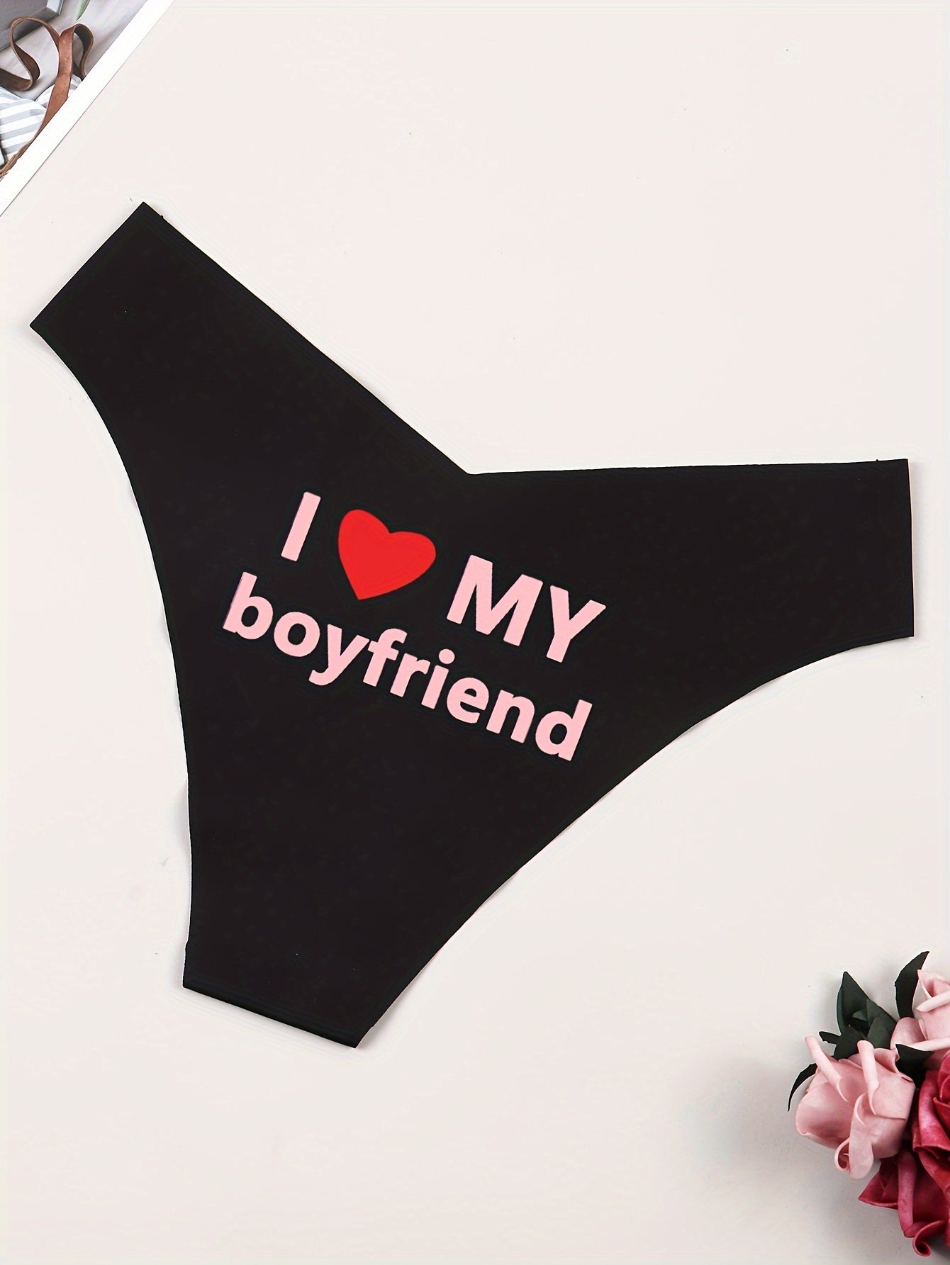 Women's "I Love My Boyfriend" Black Thong Panties - Sexy, Seamless, Lightweight Nylon-Elastane Blend, Breathable Soft Fabric, Perfect for Everyday and Sports.