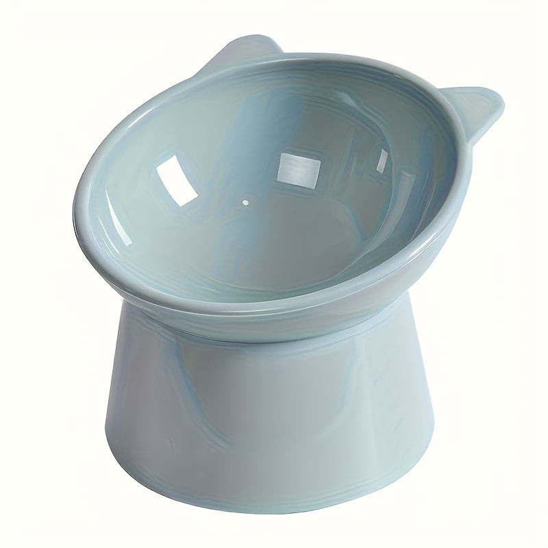 Two elevated cat bowls with tilted design made of durable plastic for easy cleaning, whisker-friendly, neck strain reducing, and digestion enhancing.