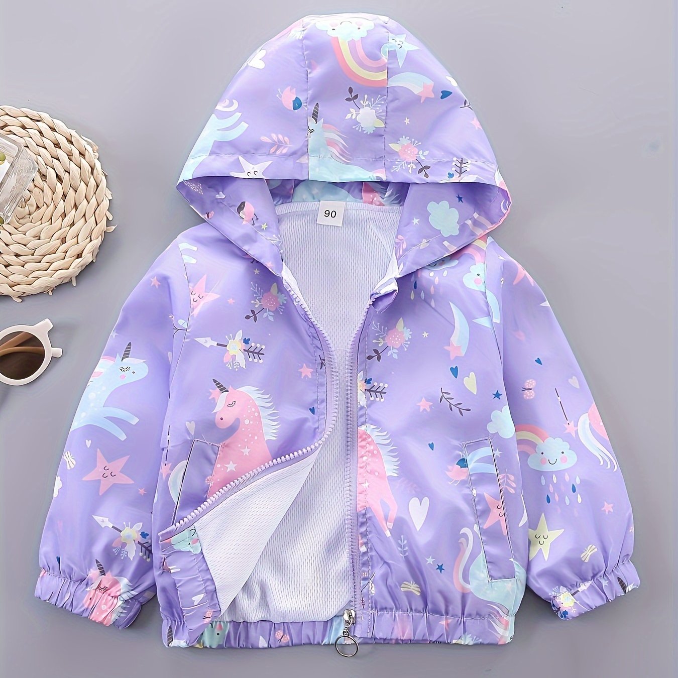 Girls' cartoon hoodie jacket with horned horse/bear and flowers pattern, featuring a zipper closure. Casual and comfortable loose fit coat.