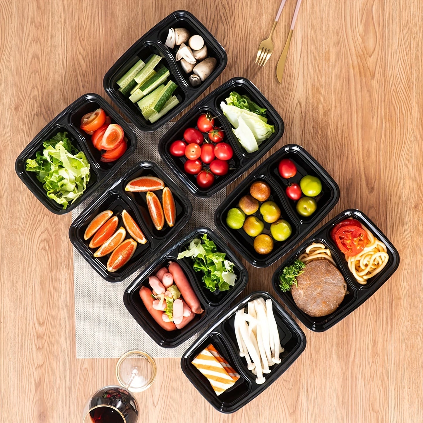 Five pieces of multipurpose meal prep containers that come in a 2-compartment design, leak-proof, made of oven-safe plastic material, stackable, and safe for use in the microwave, freezer, and dishwasher.