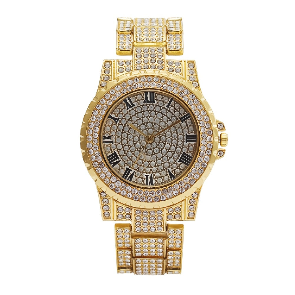 Elegant and luxurious full artificial diamond steel strap quartz watch with calendar, perfect for parties and gift-giving.