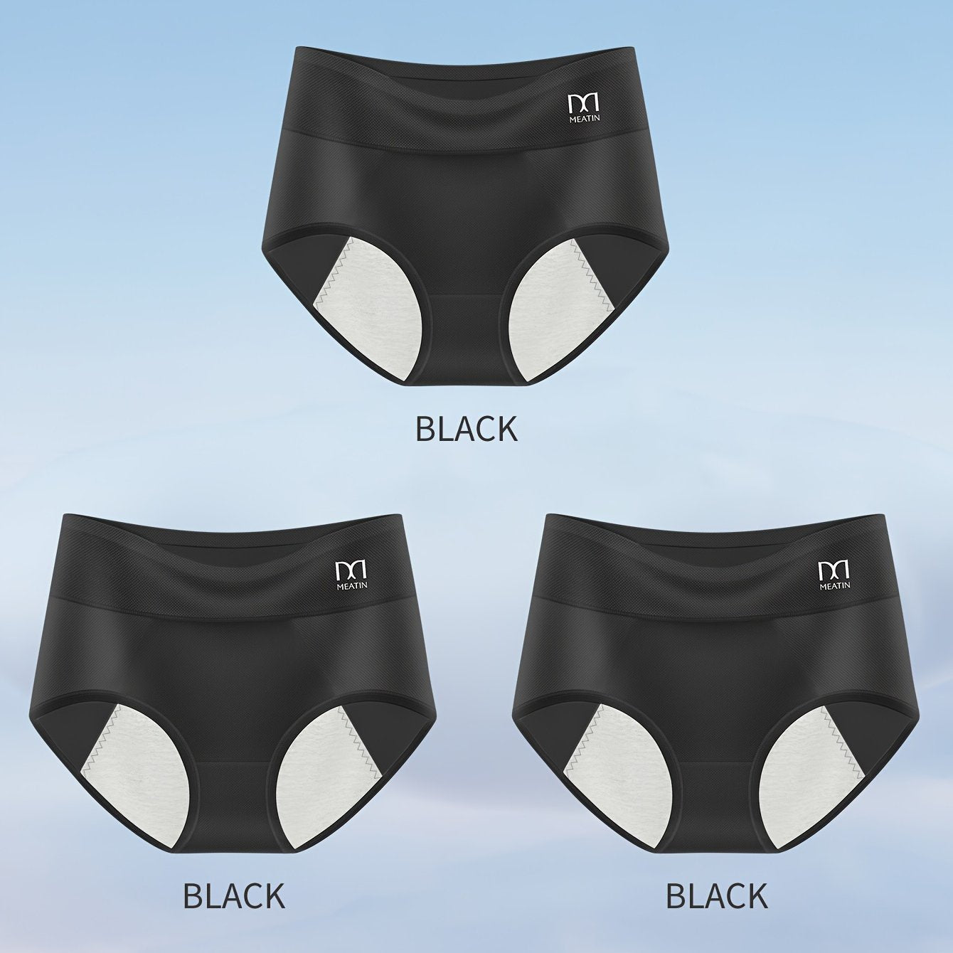 3 breathable ice silky menstrual panties for women feature a leak-proof, comfortable fit for postpartum and physiological needs. Available in black, mint green, and light beige/peach, these