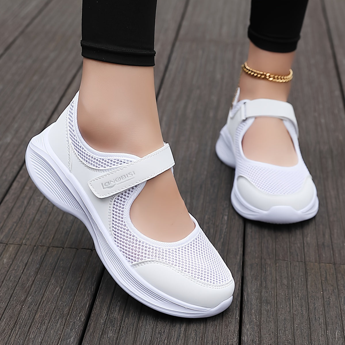 Comfortable slip-on sneakers for women with breathable mesh, supportive arch compression, lightweight non-slip sole, in white.