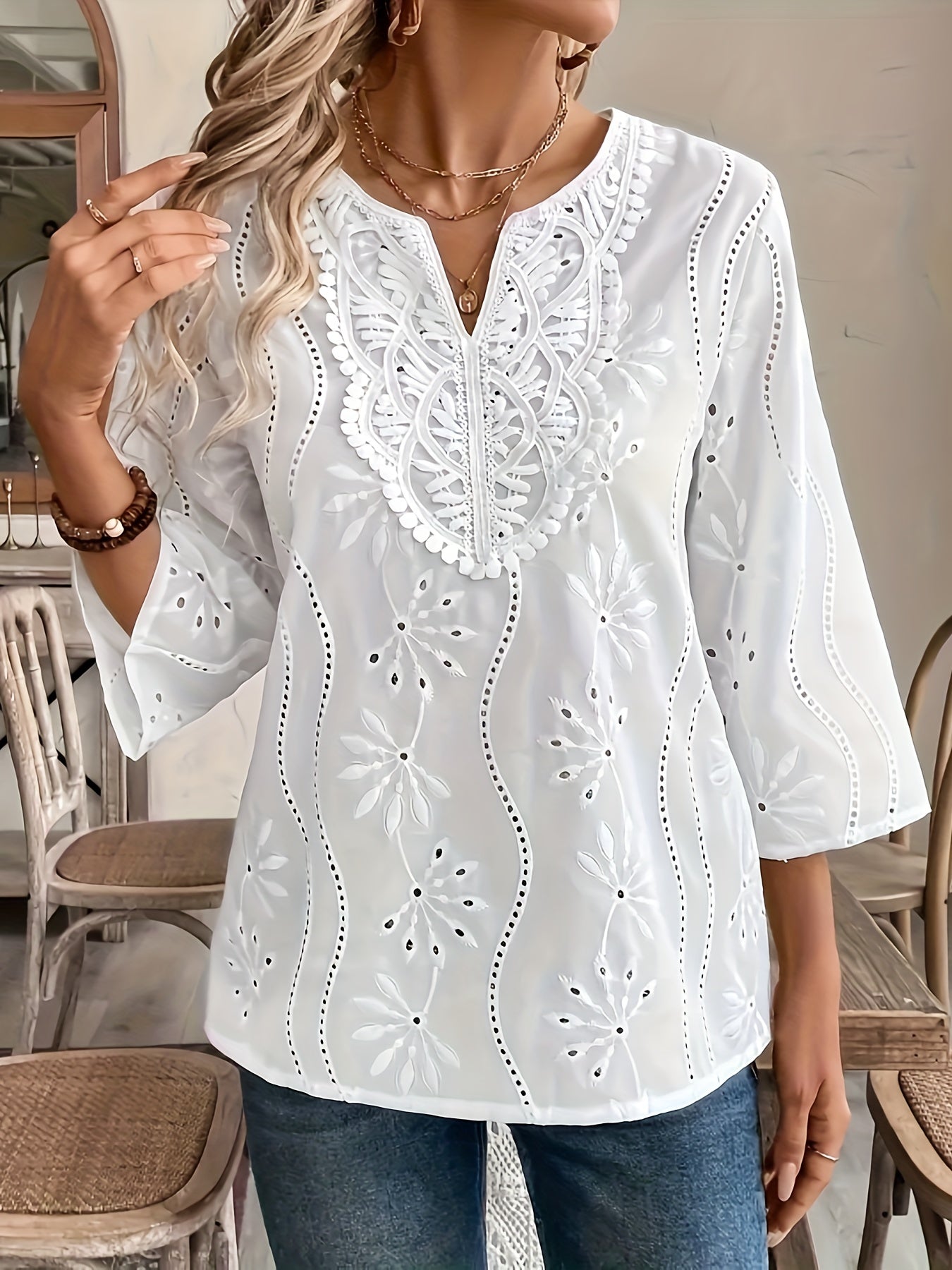 Stylish V-neck top with lace detail, tailored fit, no bra padding, suitable for spring, summer, and fall seasons.