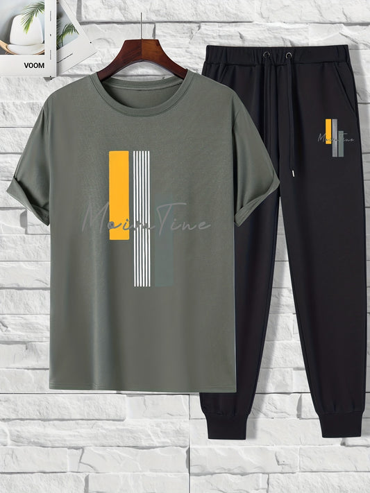 Men's 2-piece outfit with color block print, includes short sleeve t-shirt and drawstring trousers.