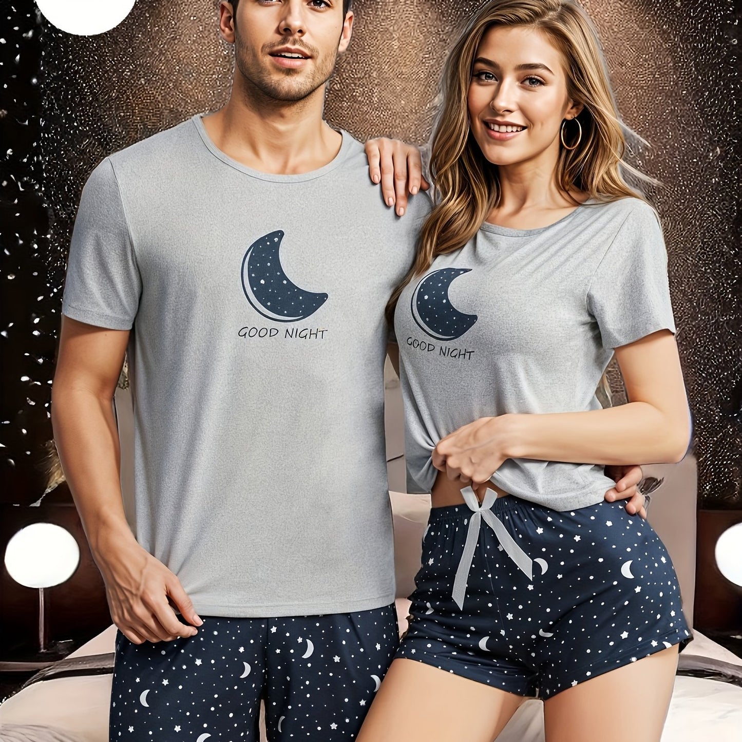 Men's moon and slogan graphic tee and galaxy print shorts pajama set made from polyester with crew neck, medium stretch, random print, regular fit, knit fabric, and elastane composition.