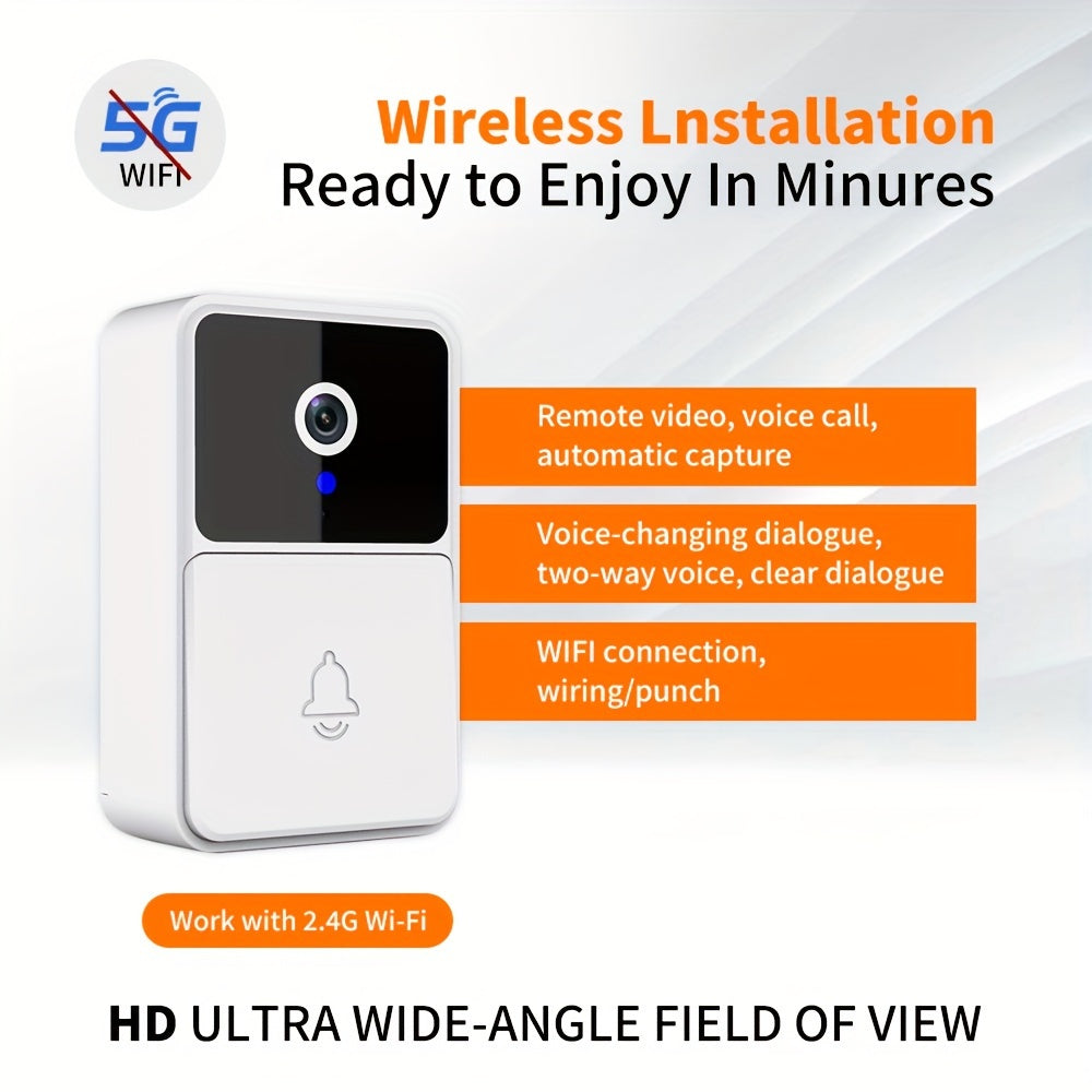 Wireless smart doorbell with HD camera, night vision, two-way audio, and app control.