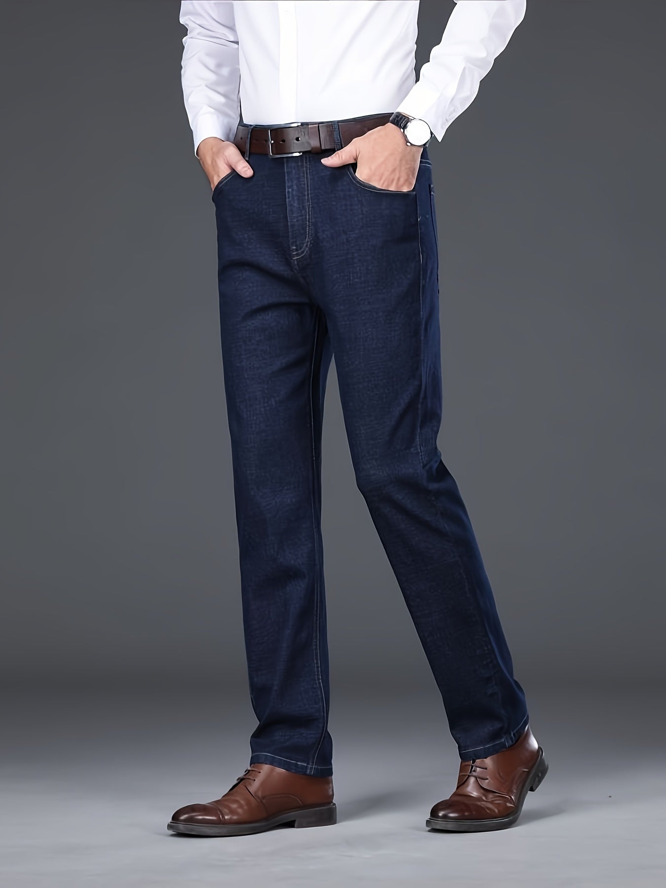 Men's classic business casual jeans in cotton blend, regular fit for all-season wear.